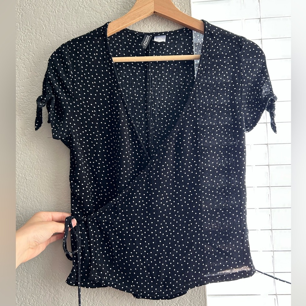 H&M Black and White Polka Dot Wrap Top